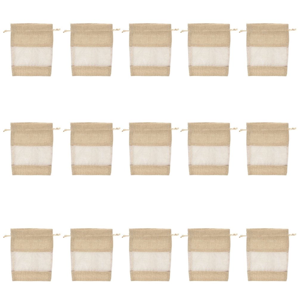 DIRBAK Muslin Drawstring Storage Bags Natural Breathable Transparent Reusable DIY Customizable Gift Pouches for Tea Nuts Kitchen Storage 15 Pack Polyester Fabric