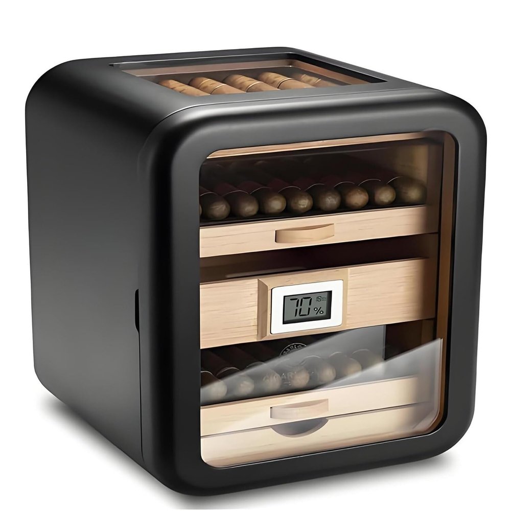 Luxury Cedar Wood Cigar Humidor Glass Lid Display Digital Hygrometer 4 Drawers Hold 110 Cigars Executive Storage Box(Black)