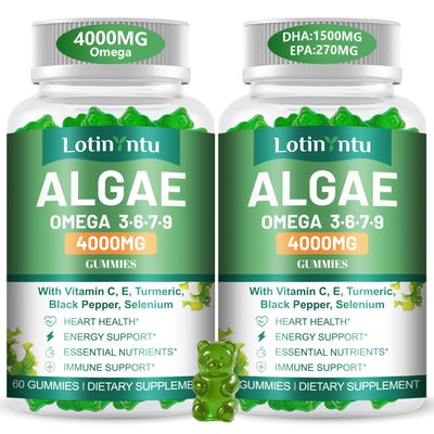 2 Pack Algae Omega 3-6-7-9 + DHA:1500MG & EPA:270MG from Algal Oil 4000mg,High Absorption with Vitamin C,E,Turmeric, Black Pepper & Selenium,Plant-Based,for Supports Heart, Brain & Immune Wellness