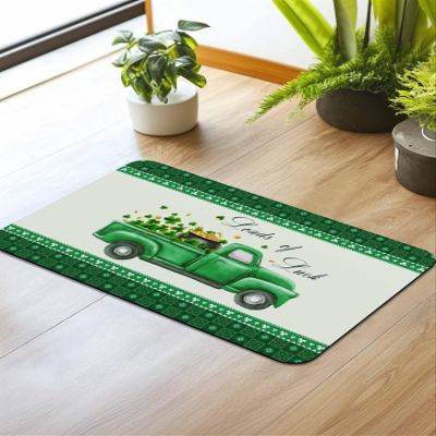 St. Patrick's Day Truck with Gold Coin Bathroom Rug Diatomaceous Earth Bath Mat,Absorbent Shower Mat Non-slip Doormat for Kitchen Bedroom, Green Clovers Leaf Plaid Diatomite Stone Mats 18x30in