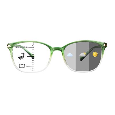 1Pair VisionGlobal Portable Progressive Multifocal Glasses, Photochromic Gray Sunglasses for Unisex Clear Green,+0.00/+2.25Magnification
