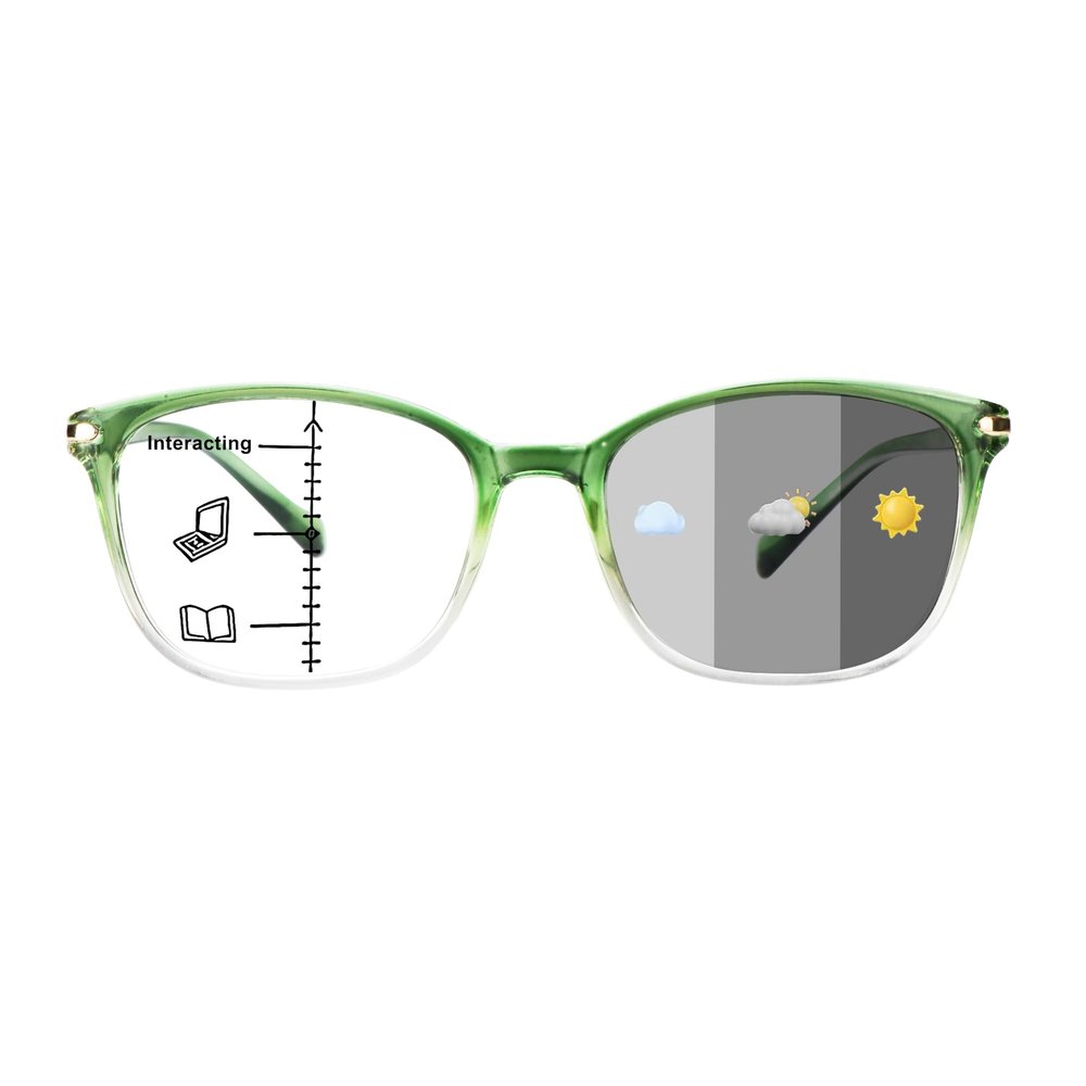 1Pair VisionGlobal Portable Progressive Multifocal Glasses, Photochromic Gray Sunglasses for Unisex Clear Green,+0.00/+2.25Magnification