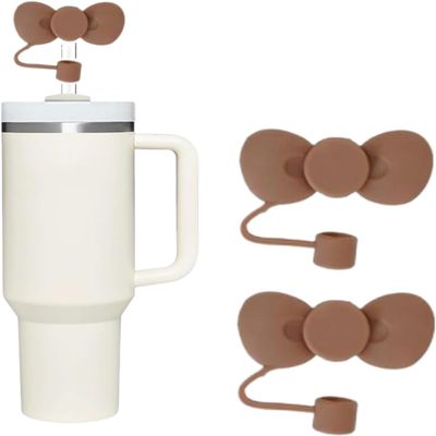 2Pcs Brown Bow Silicone Straw Cover for 10mm Straw Covers Cap for Stanley Cup Accessories, Cute Straw Topper for Tumblers Straw Cap Stopper for Reusable Straws Tip Lids