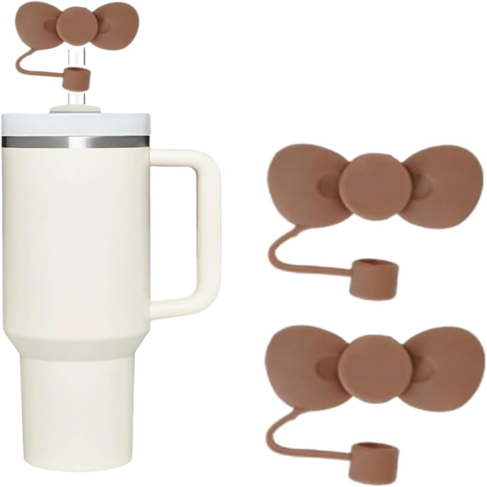 2Pcs Brown Bow Silicone Straw Cover for 10mm Straw Covers Cap for Stanley Cup Accessories, Cute Straw Topper for Tumblers Straw Cap Stopper for Reusable Straws Tip Lids