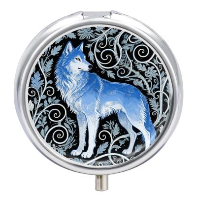 Blue Wolf Print Small Pill Case Round Weekly Pills Organizer with Mirror 3 Compartments Portable Travel Daily Pills Container Cute Pill Box for Fish Oil Supplement
