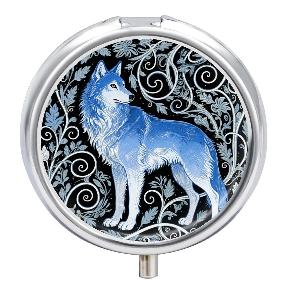 Blue Wolf Print Small Pill Case Round Weekly Pills Organizer with Mirror 3 Compartments Portable Travel Daily Pills Container Cute Pill Box for Fish Oil Supplement