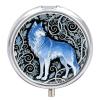 Blue Wolf Print Small Pill Case Round Weekly Pills Organizer with Mirror 3 Compartments Portable Travel Daily Pills Container Cute Pill Box for Fish Oil Supplement view 1