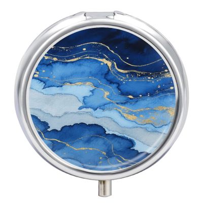 Abstract Blue Marble Watercolor Small Pill Case Round Weekly Pills Organizer with Mirror 3 Compartments Portable Travel Daily Pills Container Cute Pill Box for Fish Oil Supplement