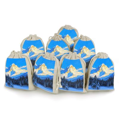 VIDI 8 PCS Snowy Mountain Drawstring Gift Bags Cotton Linen Party Favors Bags Reusable Burlap Bags for Decorated Event Holiday Party Favors, Wedding Favors