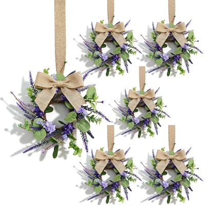6 Pcs Small Lavender Hanging Wreaths for Cabinets with Violet Hydrangea Flowers and Eucalyptus Leaves Spring Summer Mini Candle Ring Wreath for Home Kitchen Front Door Window Porch Wall Wedding Decor