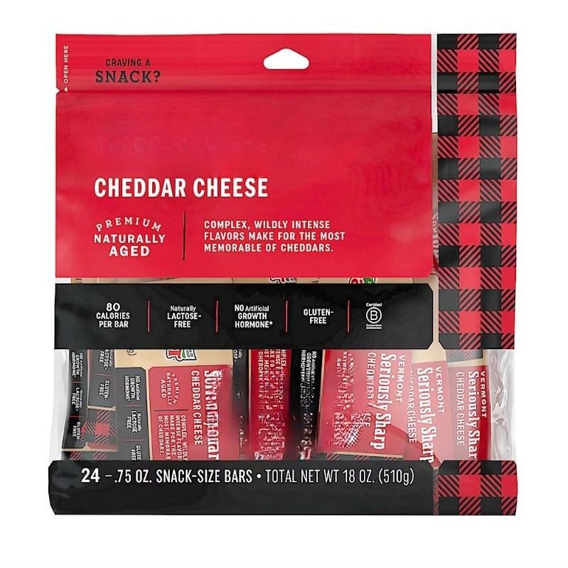 Creamery Seriously Sharp Snack Pack Cheddar Cheese , A mouthwatering lactose-free and gluten-free cheddar cheese with award-winning taste. Each cheese comes individually wrapped for on the go snacking. [18 oz , 1.12 lb ] , 24 ct