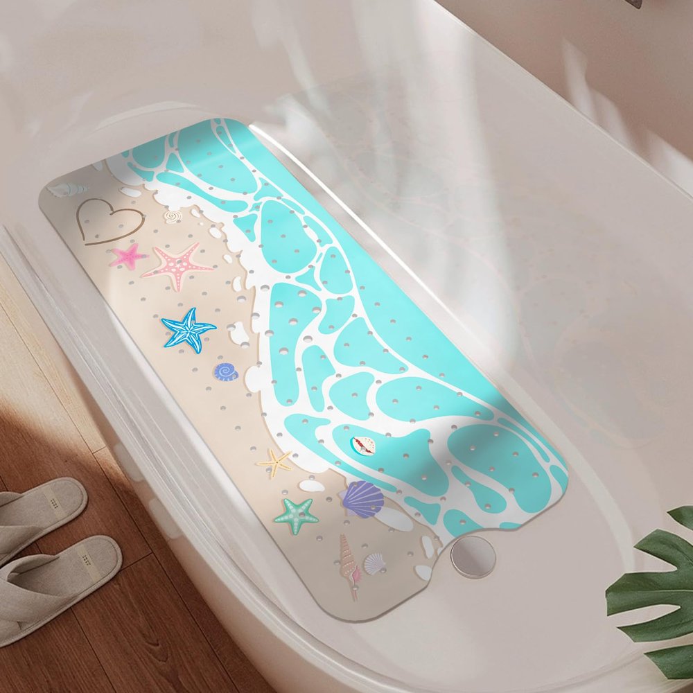 Non Slip Bathtub Mat, Extra Long Ocean Bath Mat for Tub Shower Mat with Suction Cups and Drain Holes for Elderly Kids Toddler Baby 40 X 16 Inch