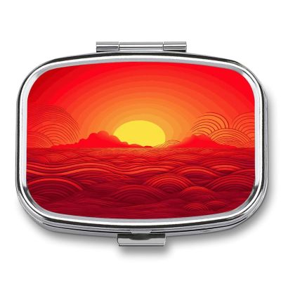 Red Sunrise Pill Case,2 Compartment Small Pill Box Metal Portable Medicine Box Mini Medication Organizer Storage Travel Organizer for Pocket Purse