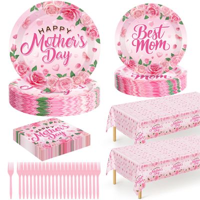 122 PCS Mothers Day Plates and Napkins Set, Serves for 30 Guests Pink Mother's Day Home Decor with Flowers, Disposable Paper Plates Napkins Plastic Forks Tablecloth for Best Mom Party Supplies