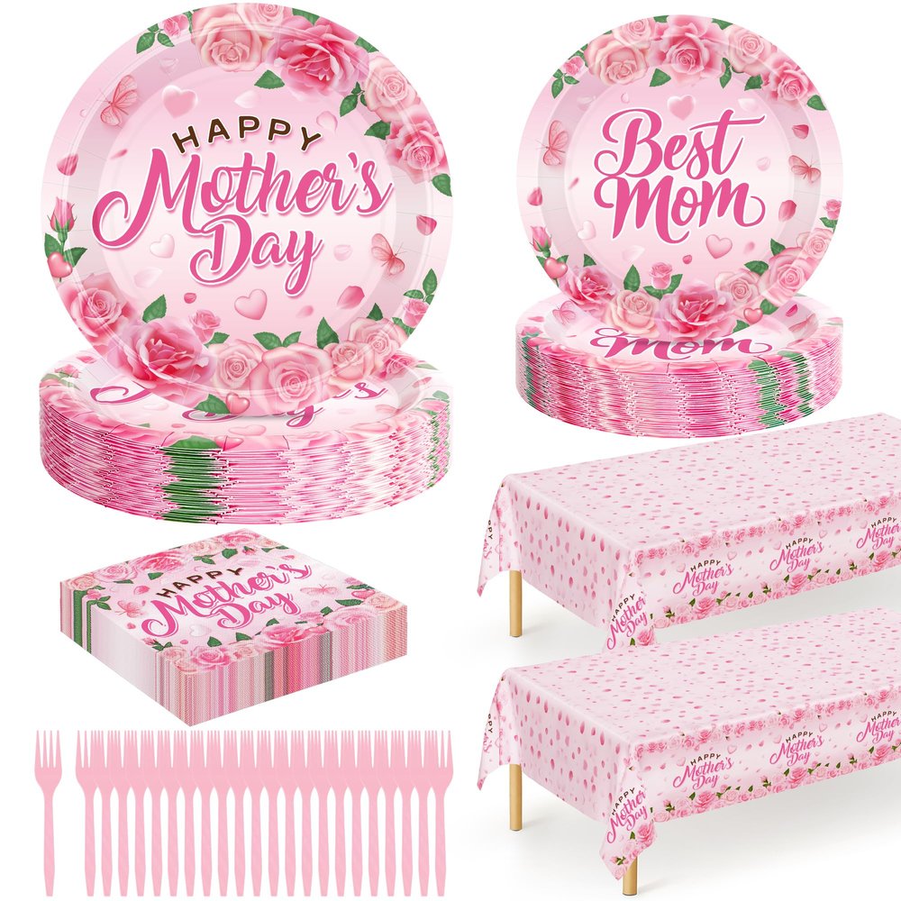 122 PCS Mothers Day Plates and Napkins Set, Serves for 30 Guests Pink Mother's Day Home Decor with Flowers, Disposable Paper Plates Napkins Plastic Forks Tablecloth for Best Mom Party Supplies