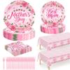 122 PCS Mothers Day Plates and Napkins Set, Serves for 30 Guests Pink Mother's Day Home Decor with Flowers, Disposable Paper Plates Napkins Plastic Forks Tablecloth for Best Mom Party Supplies view 1