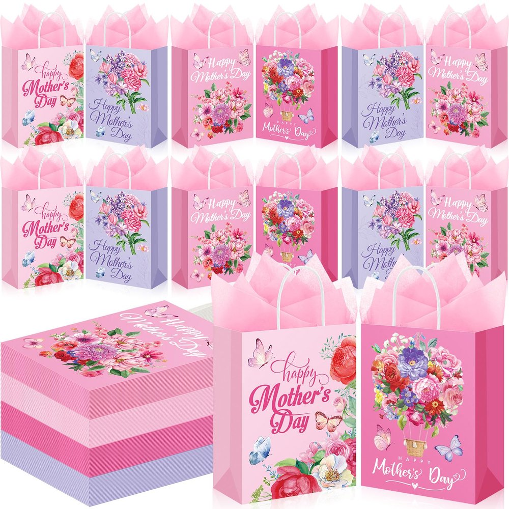 Kolldenn 48 Pcs Mother's Day Paper Bags Bulk Floral Happy Mothers Day Tissue Papers Floral Bags with Handle for Mom Grandma Wife Gift Wrapping Supplies