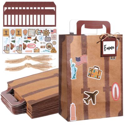 24Pcs 5.9 x 8.2 Inch Suitcase Party Decorations Travel Themed Paper Gift Bags with Tags and Stickers Travel Favor Party Supplies Journey Kraft Treat Bag for Birthday Bridal Shower Wedding Decor