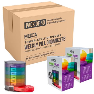 MEDca Weekly Pill Organizer, 1 Dispenser, 7 Stackable Multi-Color Compartments Four Times-a-Day - Morning, Noon, Evening, and Bedtime, Black, Case of 40