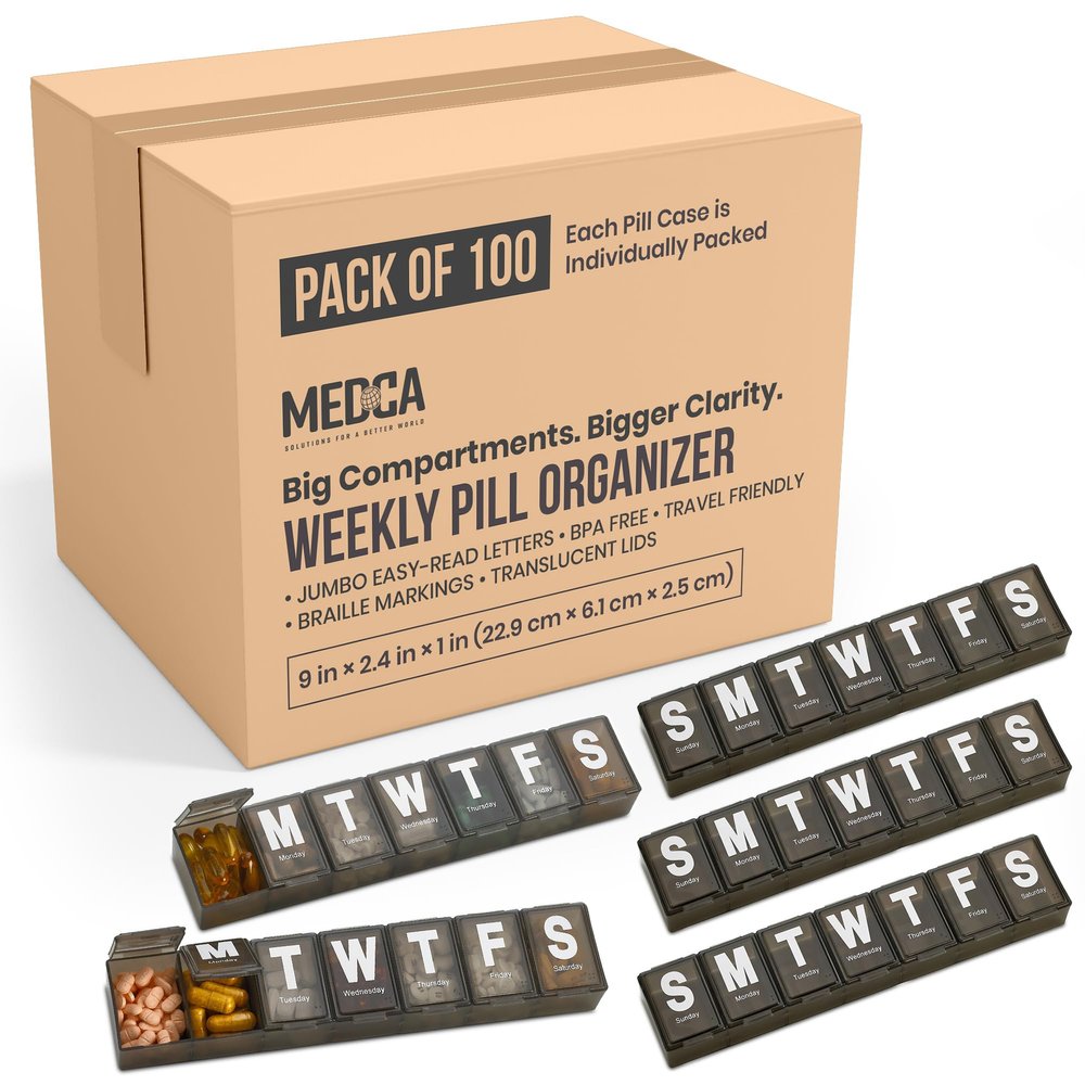 Weekly Pill Organizer - Extra Large with Easy to Read Jumbo Letters Vitamin Container, BPA Free - Daily Travel 7 Day Medication Pill Box Case, (Black, Case of 100)