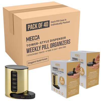 Daily Pill Organizer - (4 Times a Day) Stackable Medication Reminder - Premium Weekly AM/PM Pill Box with 7 Daily Stackable Trays and Medicine Organizer for Vitamins and Supplements, Gold, Case of 40