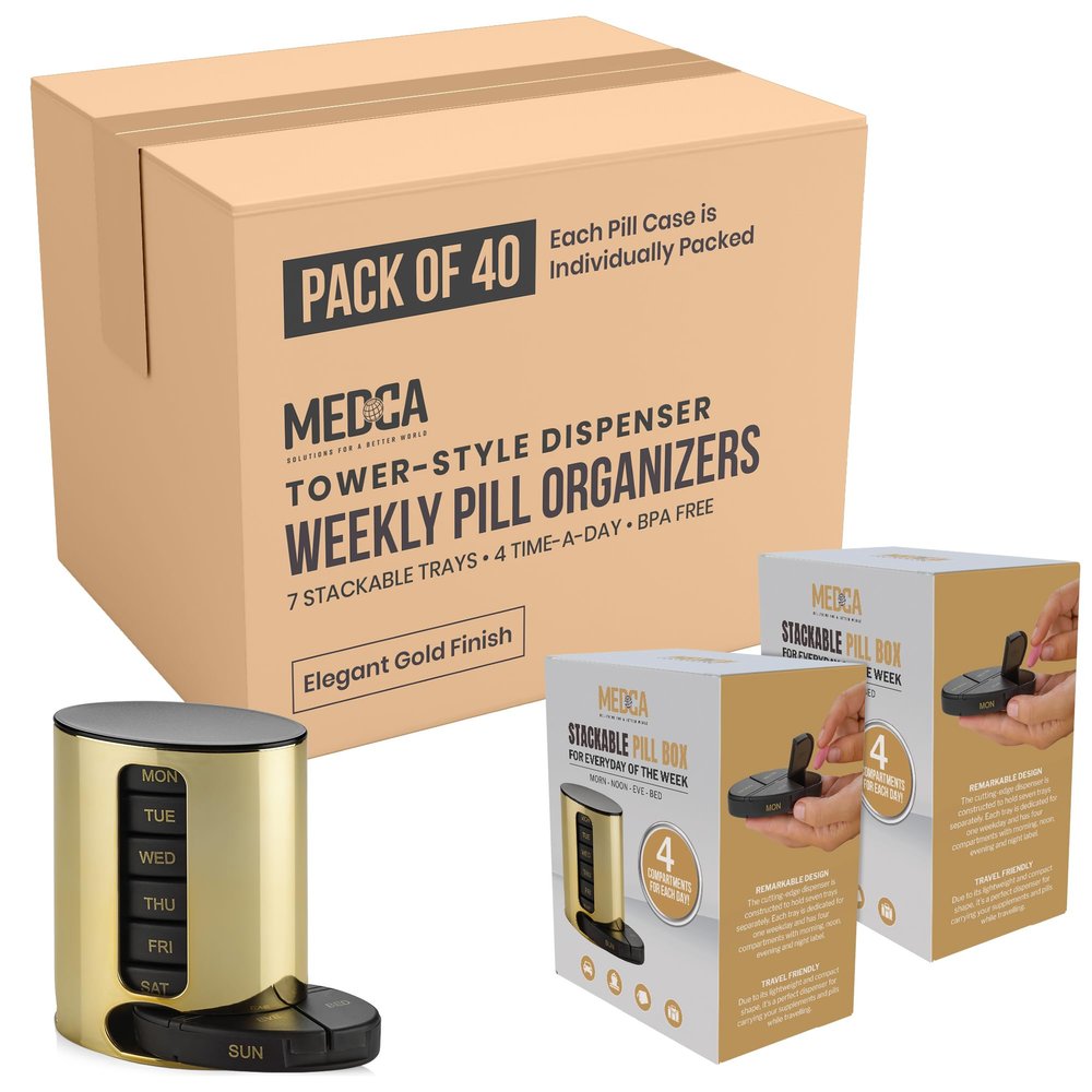 Daily Pill Organizer - (4 Times a Day) Stackable Medication Reminder - Premium Weekly AM/PM Pill Box with 7 Daily Stackable Trays and Medicine Organizer for Vitamins and Supplements, Gold, Case of 40