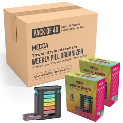 Weekly Pill Organizer, 1 Dispenser, 7 Stackable Compartments Four Times-a-Day - Morning, Noon, Evening, and Bedtime, Black (Case of 40)