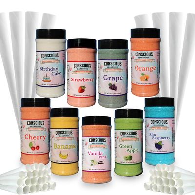 Cherry, Blue Raspberry, Pink Vanilla, Green Apple, Orange, Strawberry, Birthday Cake, Banana, and Grape Flavored Cotton Candy Flossugar | 9-Pack Mega-Bundle of 14 oz Containers and 150 Cones | Ready-to-Use Mix for Parties and Events