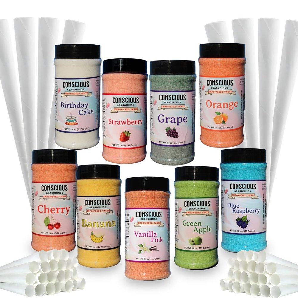 Cherry, Blue Raspberry, Pink Vanilla, Green Apple, Orange, Strawberry, Birthday Cake, Banana, and Grape Flavored Cotton Candy Flossugar | 9-Pack Mega-Bundle of 14 oz Containers and 150 Cones | Ready-to-Use Mix for Parties and Events