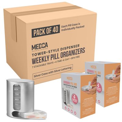 Stackable Daily Pill Organizer - Premium Weekly Medication Reminder with 7 Individual Stacking Cases - Weekly AM/PM Pill Box with 4 Times a Day, a Everyday Medicine Organizer, Silver, Case of 40