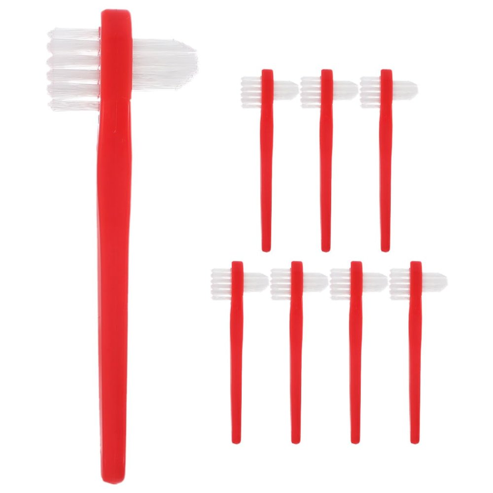 Beaupretty 8pcs Dual Head Denture Toothbrush for False Braces and Retainers, Portable Red Handle Dental Brush Set for Oral Cleaning and Retainer Care