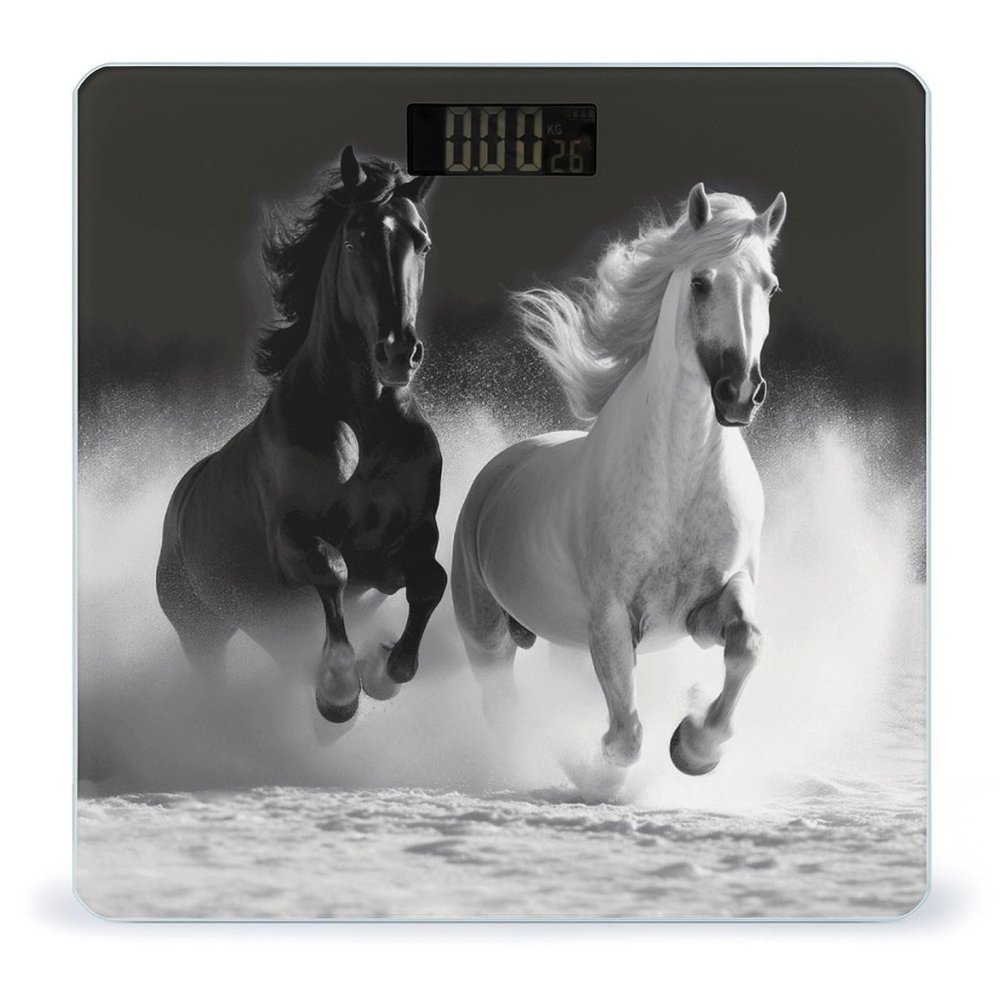 Black and White Horses Running Weight Scale Large Bathroom Scales Digital Weight with Bright LED Display Non Slip Automatic Weighing Scale Fashion Weighing Machine for Body