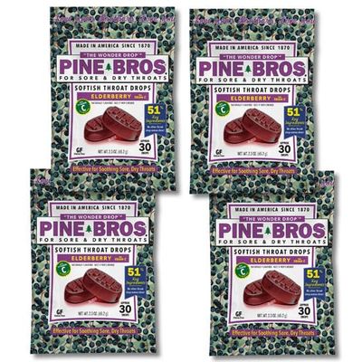 Pine Bros. Gummy Sore Throat Softish Drops 30 Count (approx) (4 Bags, Elderberry)