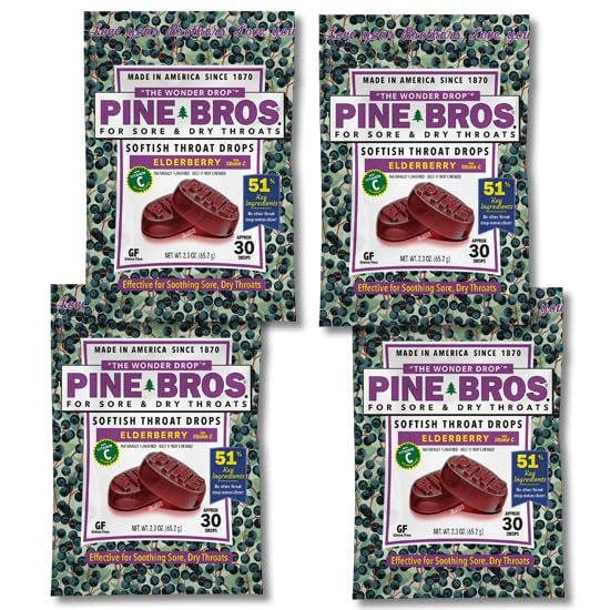 Pine Bros. Gummy Sore Throat Softish Drops 30 Count (approx) (4 Bags, Elderberry)