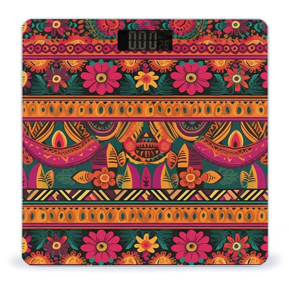 Mexican Folk Art Boho Weight Scale Large Bathroom Scales Digital Weight with Bright LED Display Non Slip Automatic Weighing Scale Fashion Weighing Machine for Body