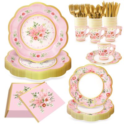 168 PCS Flower Tea Party Supplies, Pink Vintage Floral Paper Plates Napkins Cups Cutlery for 24 Guests, Floral Disposable Plates for Birthday Baby Shower Bridal Shower Wedding Party Decorations