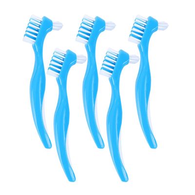 BIUDECO Double-Head Denture Toothbrush 5pcs Blue False Teeth Cleaner Comfortable Home Denture Care Brush for Travel and Daily Use