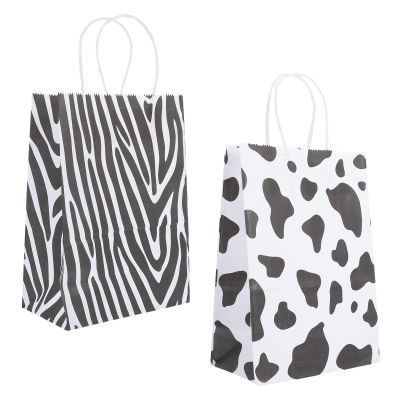 NOLITOY 24pcs Monochrome Animal Print Paper Packaging Bags with Handles for Party Favors, Candy, Snacks, and Baking Bread Wrapping