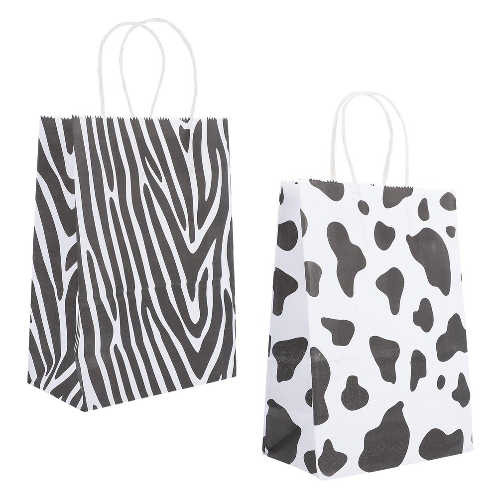 NOLITOY 24pcs Monochrome Animal Print Paper Packaging Bags with Handles for Party Favors, Candy, Snacks, and Baking Bread Wrapping