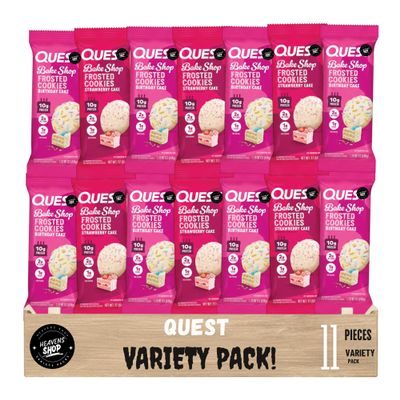 Qu-est Bake Shop Frosted Cookies Variety Pack, Protein Cookies, Birthday Cake and Strawberry Cake Flavors, 22 Count