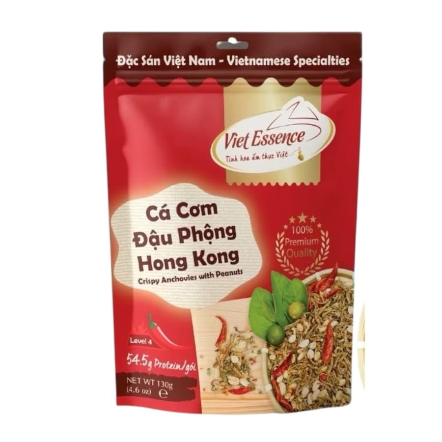 Ca Com Dau Phong Hong Kong Viet Essence Crispy Anchovies with Peanuts, Vietnamese Specialties, Level 4 Spicy, 130g (4.6 oz), 54.5g Protein