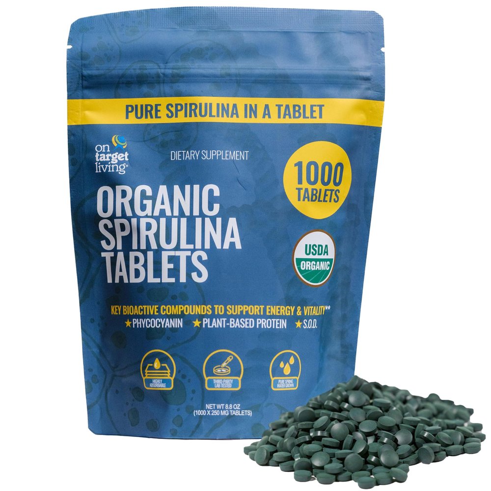 On Target Living Organic Spirulina Tablets | 1000 Count Pressed Tablets, 250g | USDA Organic Vegan Complete Protein | Nutrient-Dense Blue-Green Algae Superfood | No Fillers or Binders