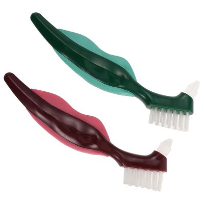FRCOLOR 2pcs Dual-Head Dentures Brush Set with Hard Bristles, False Teeth Cleaning Toothbrush for Oral Care and Denture Maintenance, Suitable for Seniors, Red and Green
