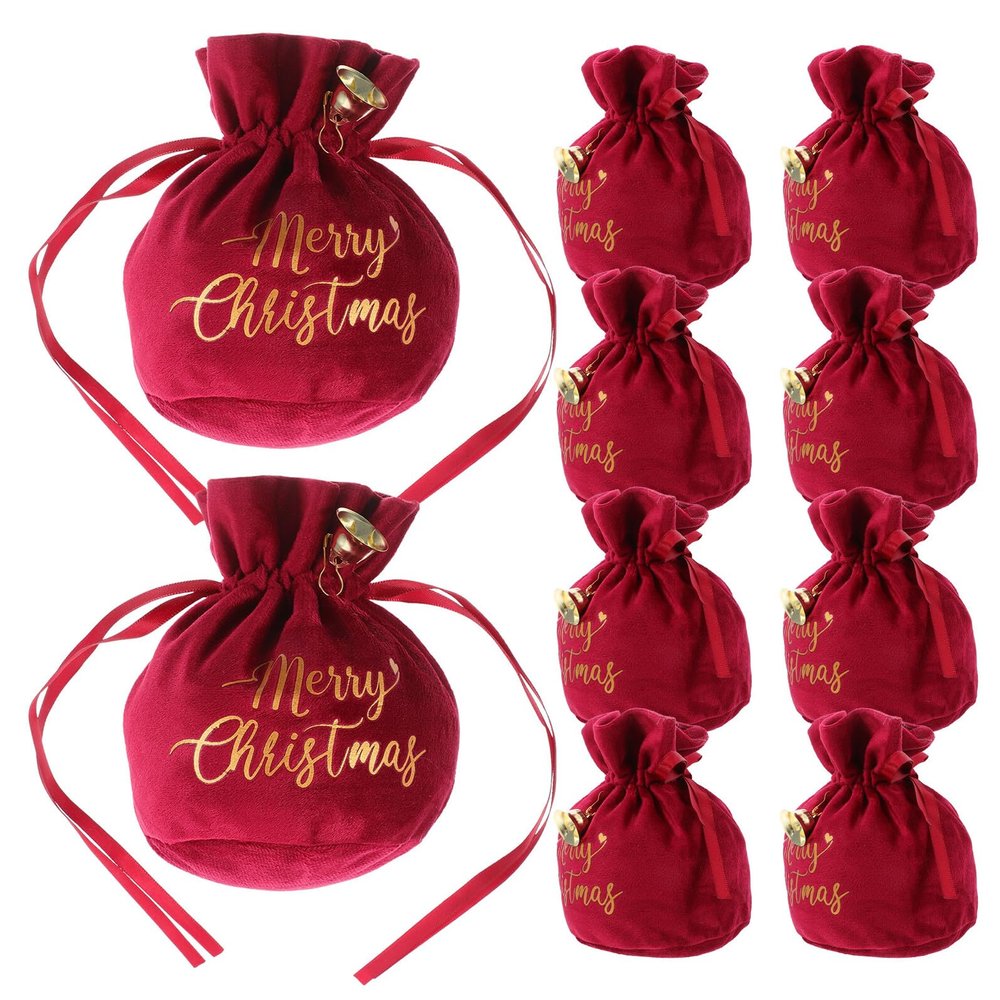 Healvian 10pcs Red Velvet Drawstring Candy Bags with Decorative Bell, Small Fabric Pouches for Christmas Party Favors, Jewelry Storage, Holiday Wrapping Supplies