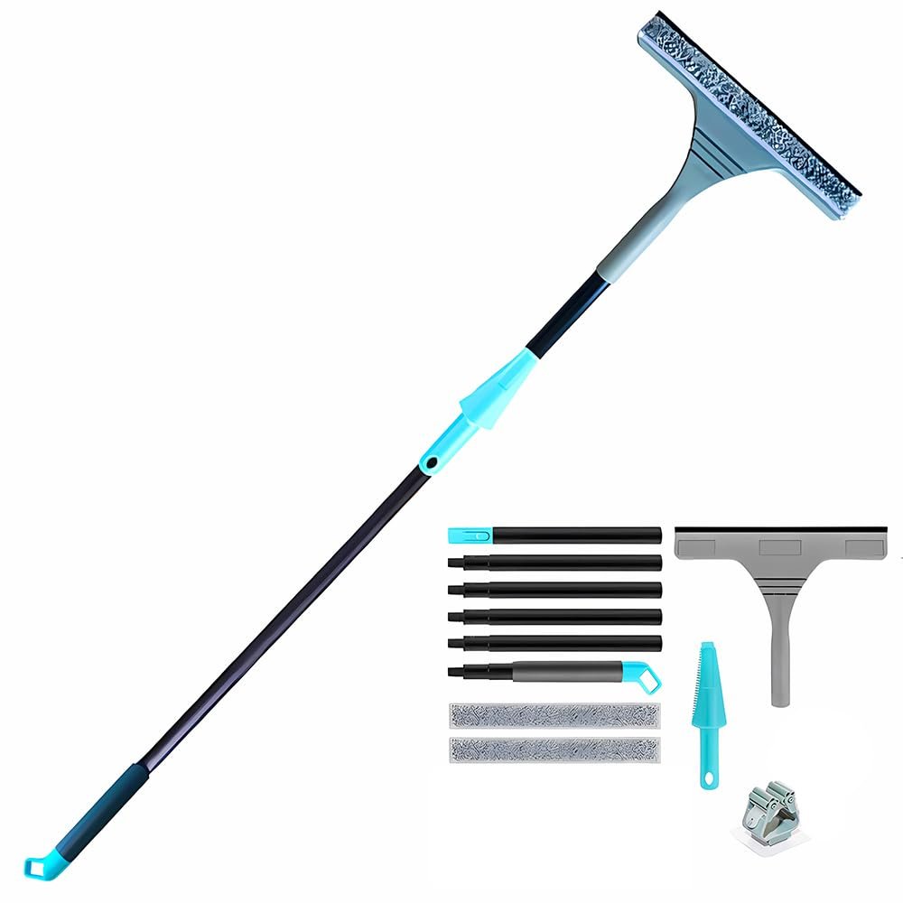61" Window Squeegee with Long Extension Pole, 2-in-1 Streak-Free Glass Washer & Scrubber Kit with 2 Reusable Microfiber Pads & Clips, Professional Window Cleaning Tool for Home Outdoor High Windows