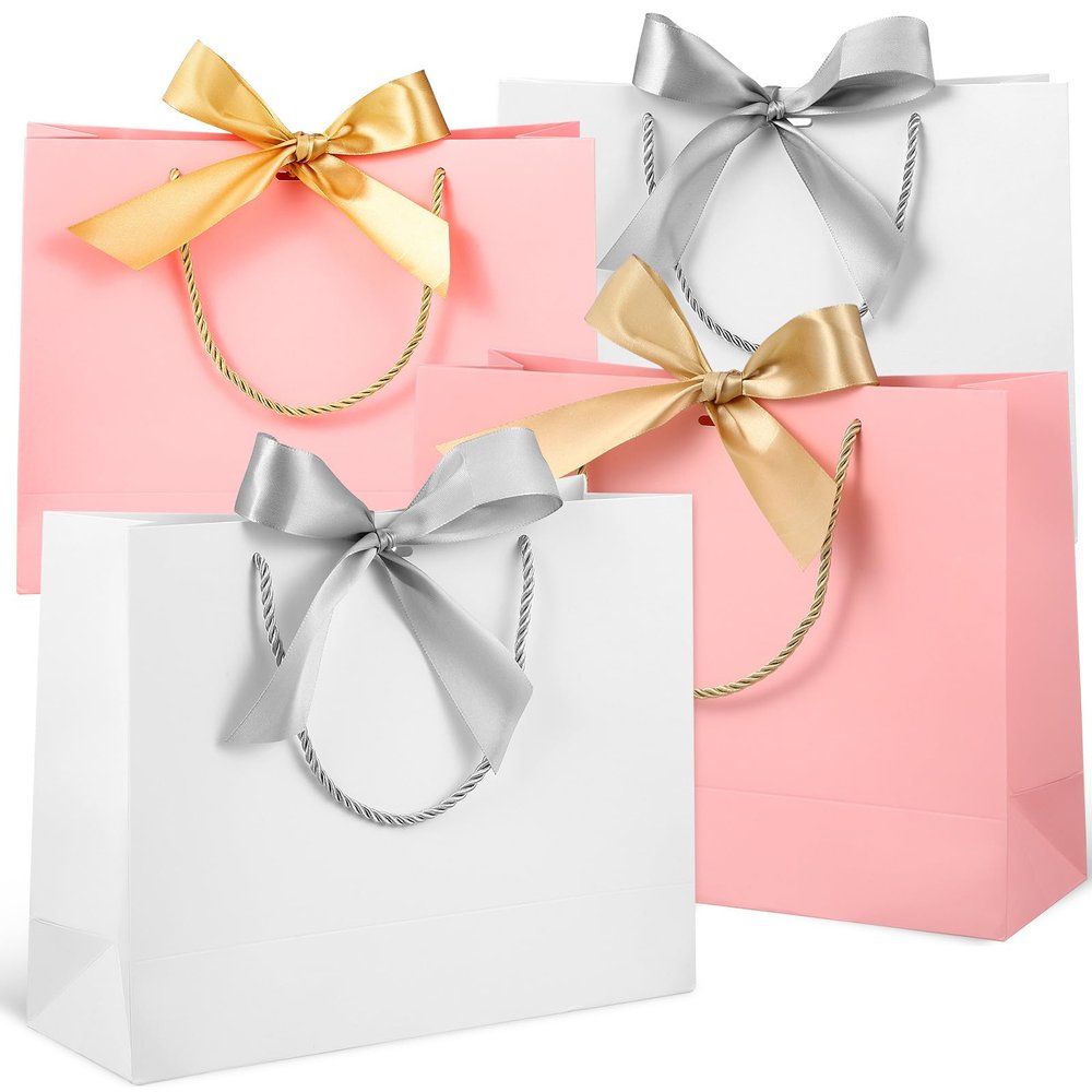 FRCOLOR 10 Pcs Paper Present Bags with Handles Ribbon Bow Wrapping Bags Set 5 White with Silver Bows 5 Pink 32x25x11cm for Wedding Birthday Party Favor Supplies