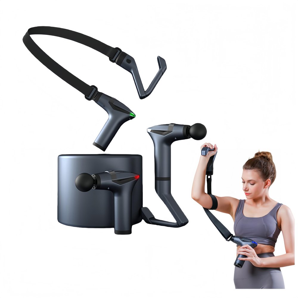 Yxathoyi 3-in-1 Deep Tissue Massage Gun with Removable Extended Handle & Massage Belt, 12 Speed Levels & 4 Replaceable Heads,Back Pain, Muscle Recovery for Athletes & Seniors (Dark Gray)