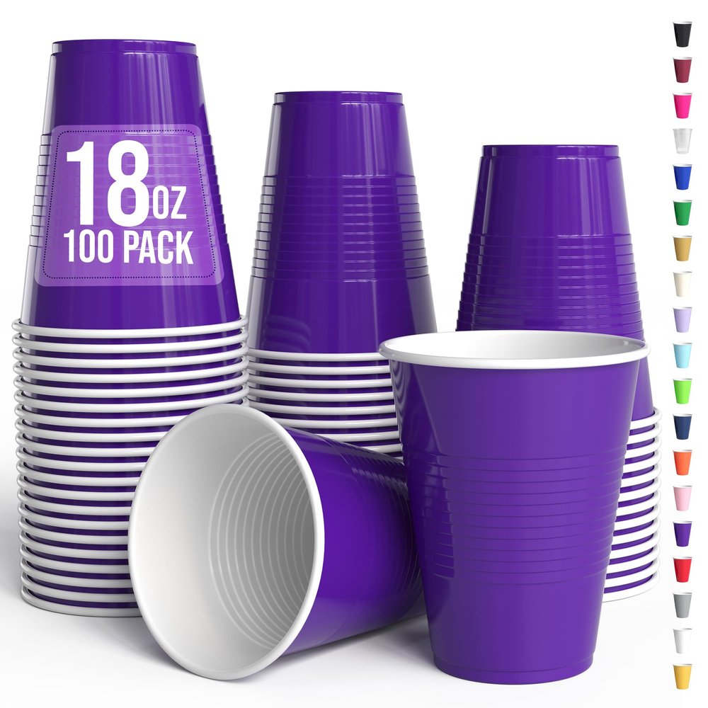 Party Solids 18 Oz Purple Plastic Cups For Party Supplies 100 Pack | Purple Disposable Cups Plastic | Disposable Drinkware For Parties, Events & Everyday