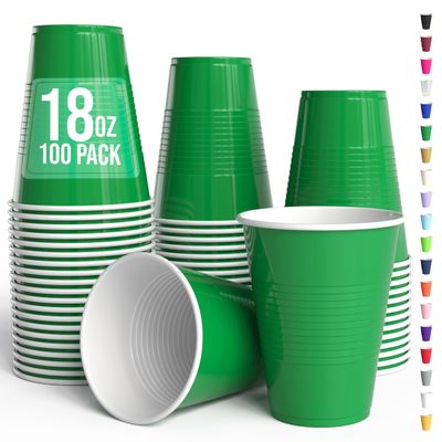 Party Solids 18 Oz Emerald Green Plastic Cups For Party Supplies 100 Pack | Emerald Green Disposable Cups Plastic | Disposable Drinkware For Parties, Events & Everyday