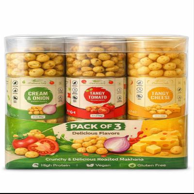 Roasted Makhana Pack of 3 | Cream & Onion, Tangy Tomato & Tangy Cheese | Healthy Fox Nuts Snack | High Protein & Fiber | Gluten-Free, Vegan, Low Calorie